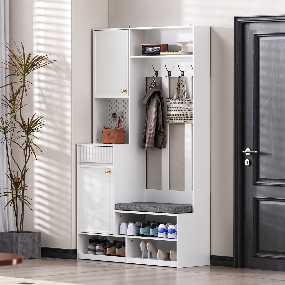 Gutent Garderobekast - Complete garderobekast - met bank - 4 haken - Deuren en laden - Wit- Afmetingen: 100 x 180 x 35 cm (B x H x D)