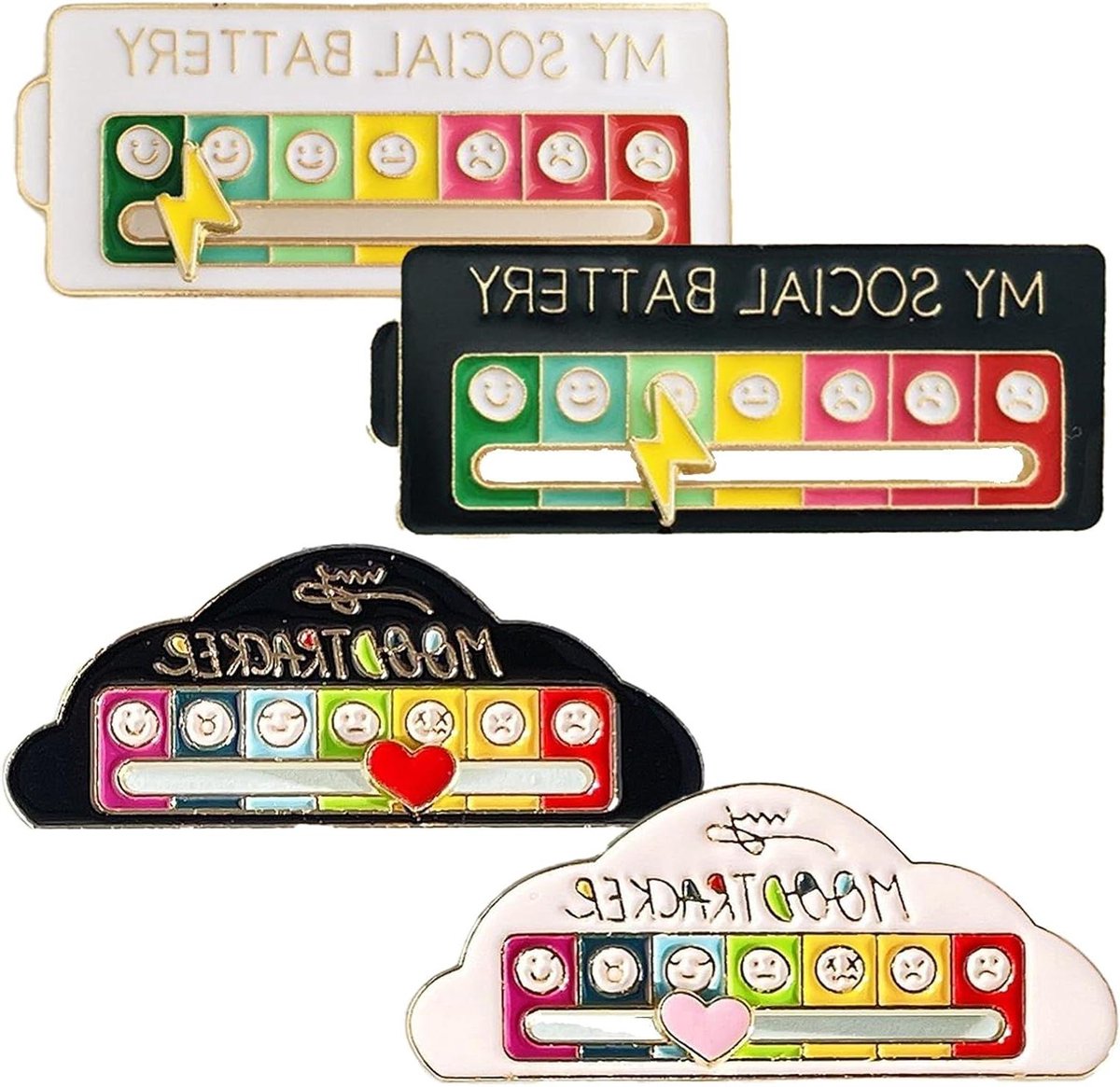 Set van 4 sociale batterij & stemmingspinnen - emoties expressie broches Metaal