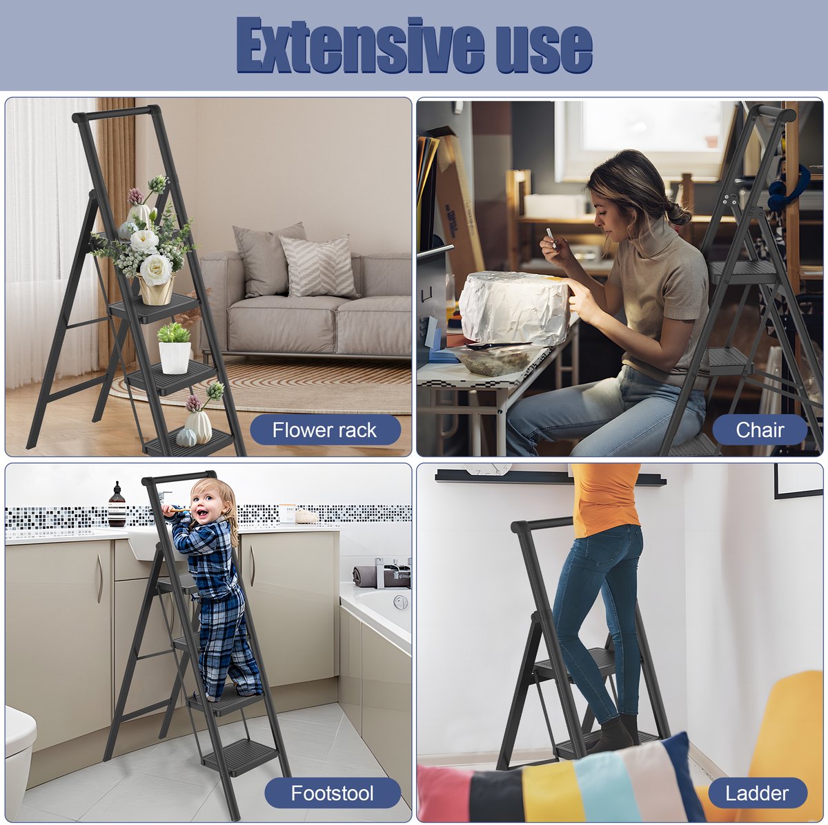 Opvouwbare trapladder, trapkruk, opvouwbare trap met breed antislip pedaal en leuning, multifunctionele huishoudtrap, trapladder tot 150 kg, zwart voor huishouden, keuken - 4 treden – foto 4