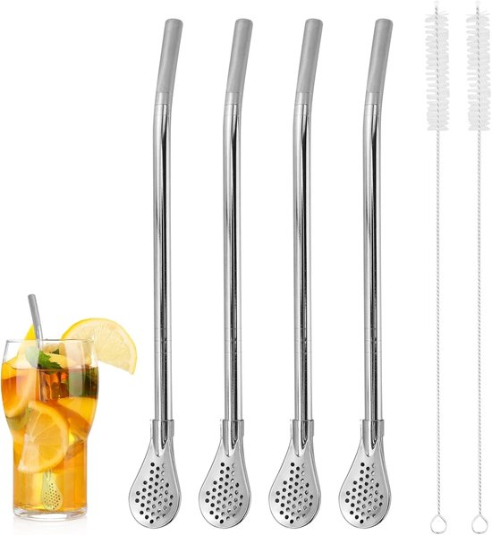 Foto: Set van 4 uitneembare roestvrijstalen theelepelfilterlepels met 2 reinigingsborstels herbruikbare metalen theelepels voor het drinken van losse thee en ijskoffie zilver 