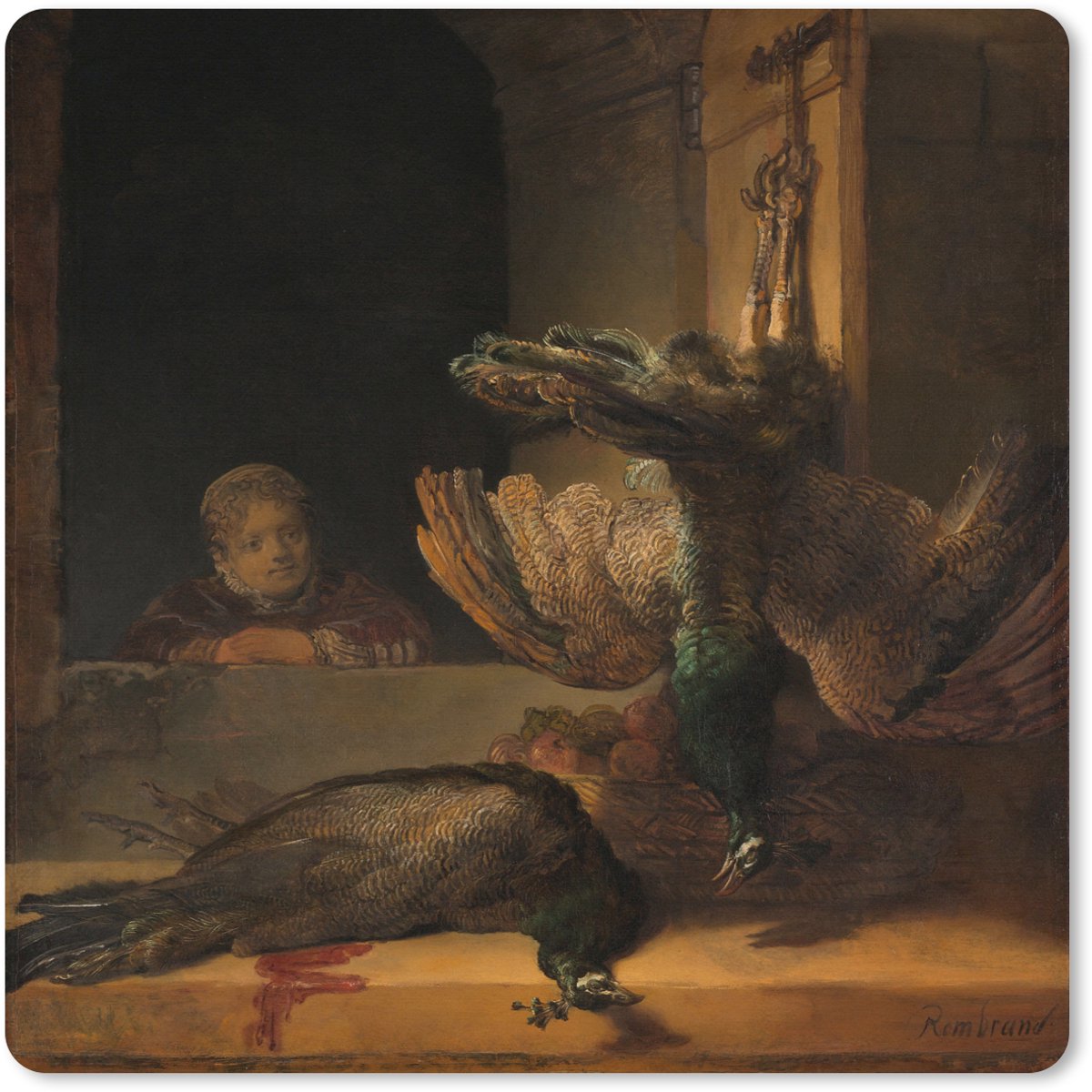 Muismat XXL 60x60 cm - Bureau onderlegger - Bureau mat Stilleven met pauwen - Rembrandt van Rijn - Bureaumat - Gaming mousepad xl - Bureaulegger groot - Computer deskmat