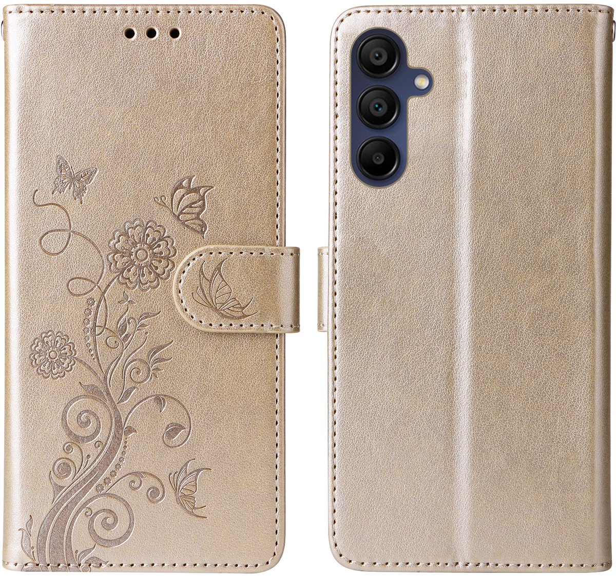 Mobigear Telefoonhoesje geschikt voor Samsung Galaxy A17 Hoesje | Mobigear Flowers Bookcase Portemonnee | Pasjeshouder voor 3 Pasjes | Telefoonhoesje voor Pinpas / OV Kaart / Rijbewijs - Goud