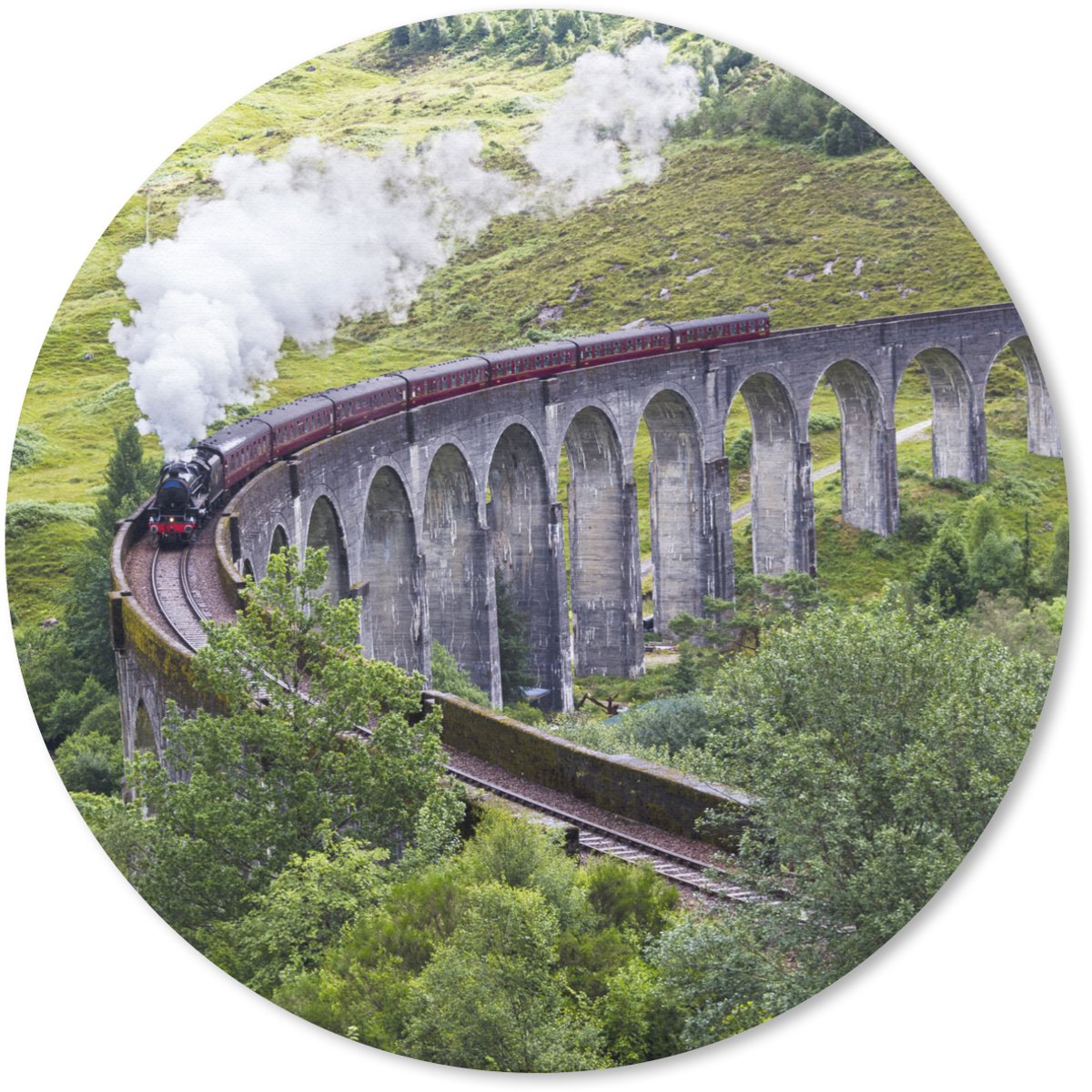 Muismat rond 20x20 cm - Mousepad Stoomtrein tussen het groene landschap in Schotland - Ronde muismatten