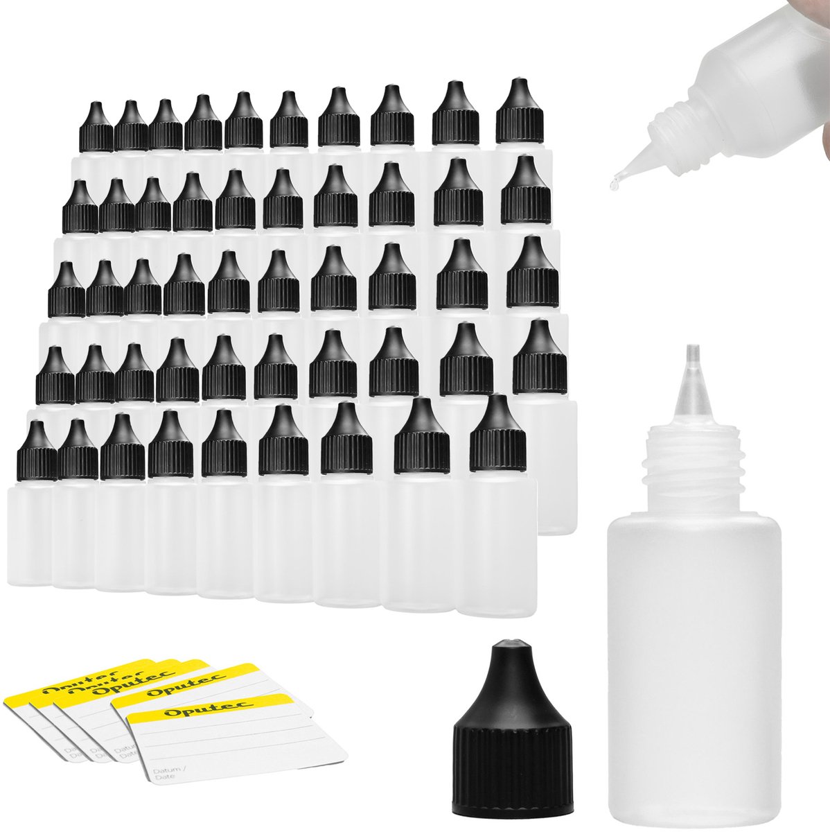Oputec 50x 30 ml druppelflessen – PE doseerflessen – levensmiddelveilig + etiketten
