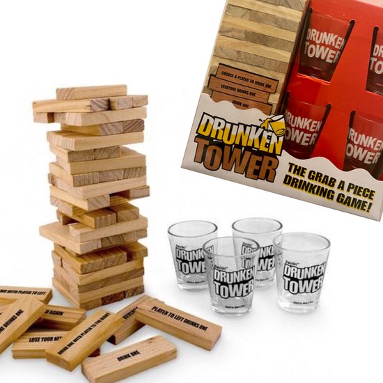 Drankspel - Jenga - Stapeltoren - Shotjes - Drinkspel - Spel - Drunken / Tipsy Tower - Drinkspel - Gezelschapsspel Voor Volwassenen - Drank Spel - Incl 4 Glazen Shot Cups - Hout