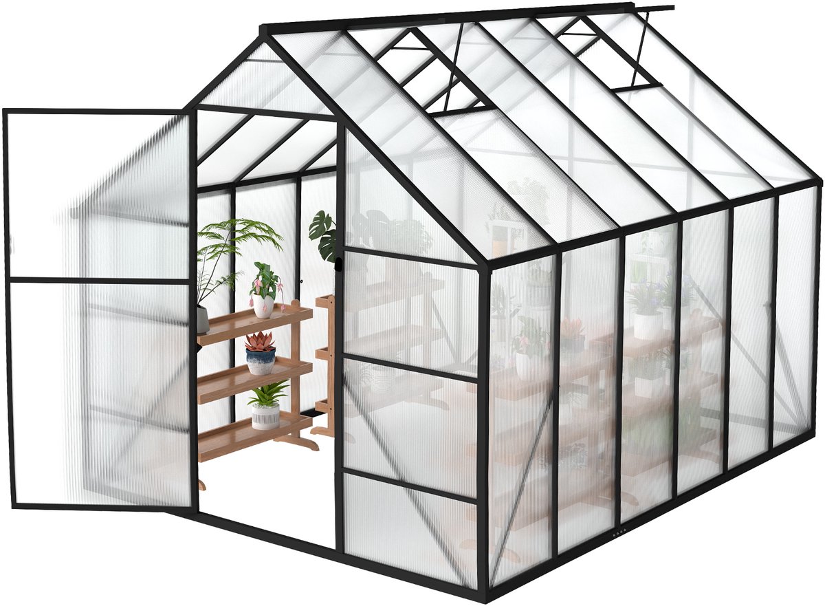 Premium kas van aluminium met loopdeur, versterkte fundering, dakraam en deur, weerbestendig en temperatuurbestendig voor tomaten, groenten en planten - 310x250x205cm