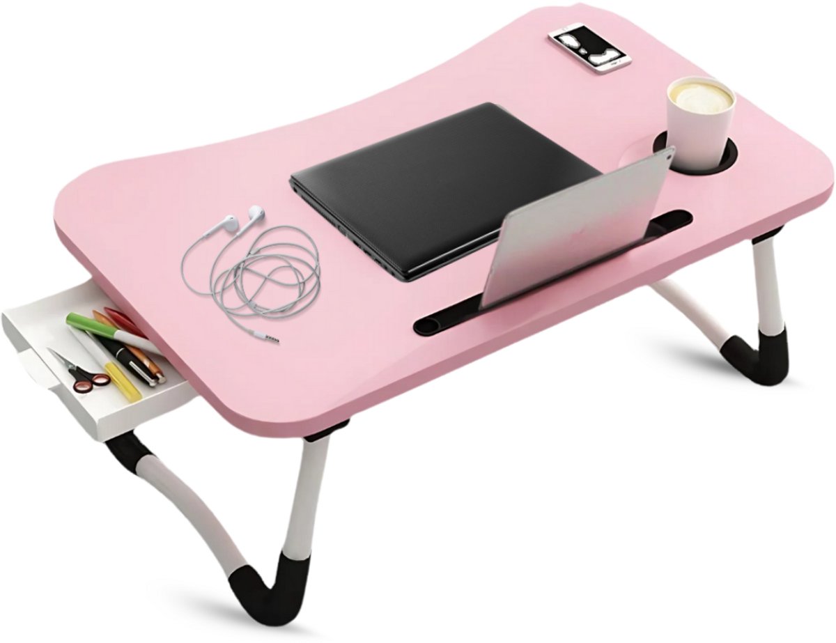 Lomera Opklapbare Laptoptafel - Bedtafel - Roze Laptoptafel - Tablethouder - Bekerhouder - Opberglaatje - Anti-Slip Poten - MDF Tafelblad - Metalen Frame - 60x40 CM - Compacte Laptoptafel - Draagbare Tafel - Multifunctionele Tafel nvt
