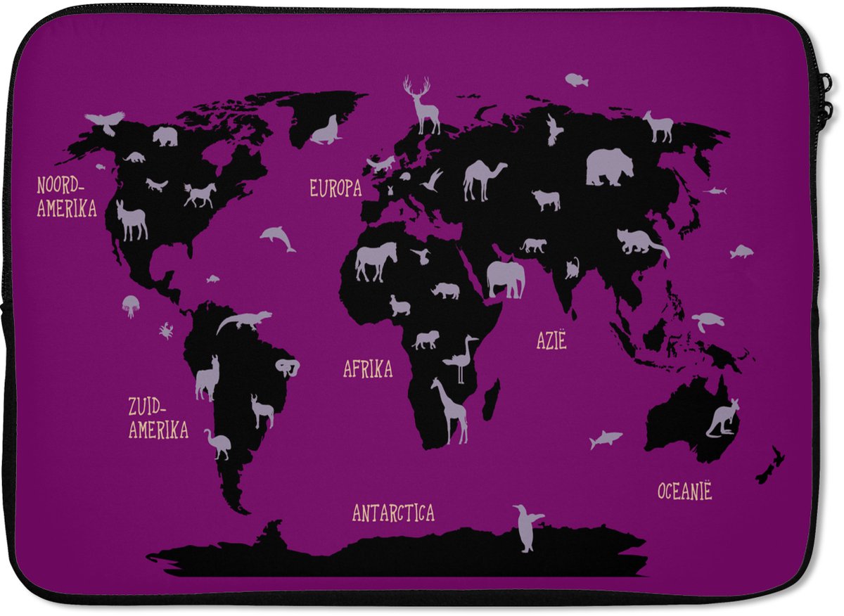 Laptophoes 13 inch - Wereldkaart Kinderen - Dieren - Mintgroen - Laptop sleeve - Binnenmaat 32x22,5 cm - Zwarte achterkant