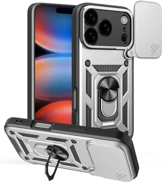 Coque iPhone 17 Pro - Coque MobyDefend Armor avec Ring rotatif - Gris argenté - Coque pour téléphone portable - Coque compatible avec : iPhone 17 Pro