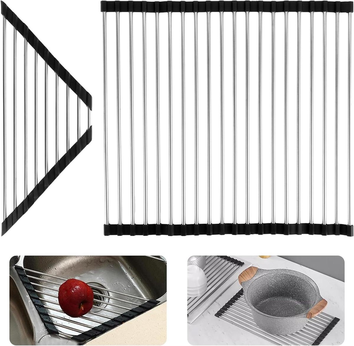 Oprolbaar Afdruiprek van Roestvrij Staal - Set van 2 - Hittebestendig - Voor servies, kopjes, fruit en groenten