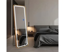 LoXa - Passpiegel Ilumina Goud – 160x50 cm – Staand & Ophangbaar – LED-Verlichting met Touch – Gouden Aluminium Frame – HD-glas