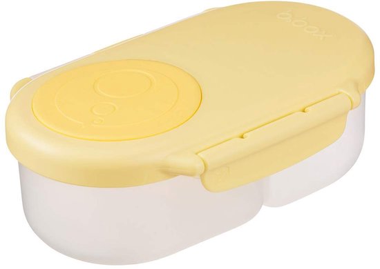 Boîte à goûter b.box jaune avec fond transparent, fermée.