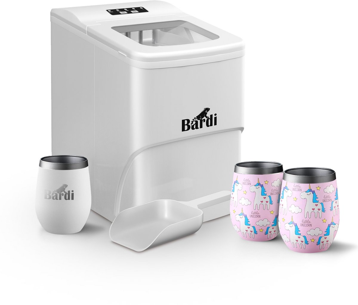 Bardi Deluxe ijsblokjesmachine set – 2L – Wit– Inclusief 3 Luxe Thermosbekers en ijsschep – Eenhoorn