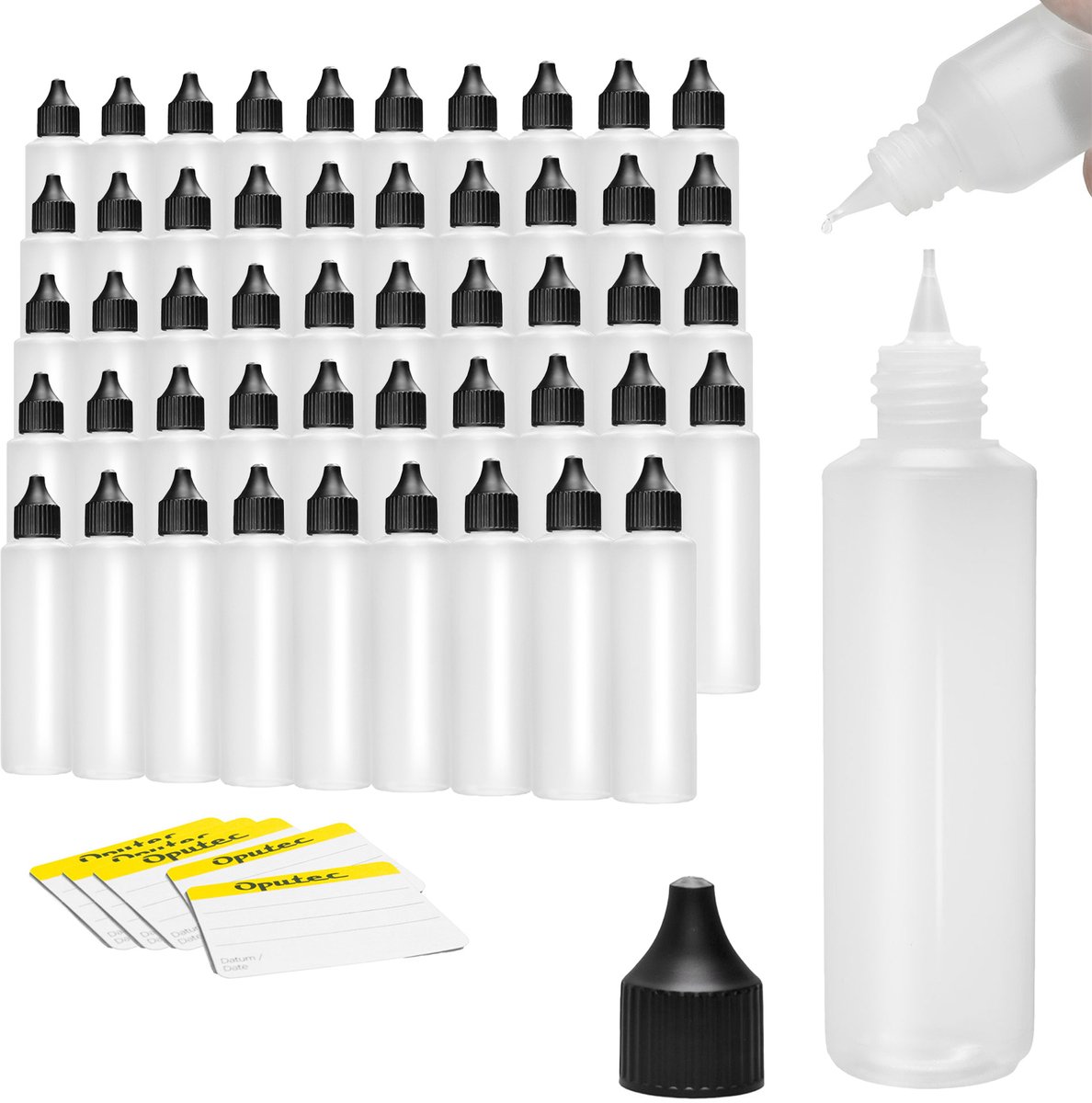 Oputec 50x 250 ml druppelflessen – PE doseerflessen – levensmiddelveilig + etiketten