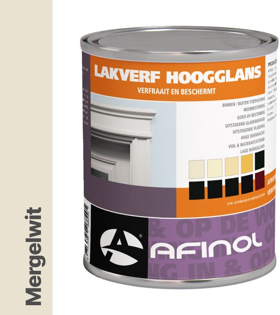 Blik Afinol hoogglans lakverf in kleur Mergelwit met kleurenstaaltjes