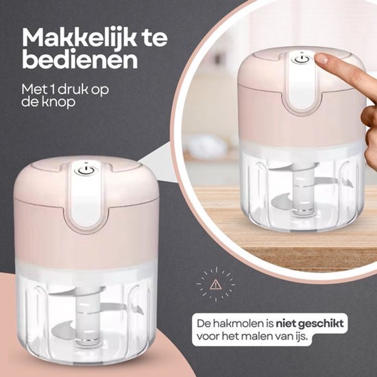 COCHO® Elektrische Hakmolen - USB Oplaadbaar - Mini Chopper 250 ml - Draadloos - Voor Groenten, Babyvoeding & Meal Prep - Roze + Een snellader van COCHO® — afbeelding 3