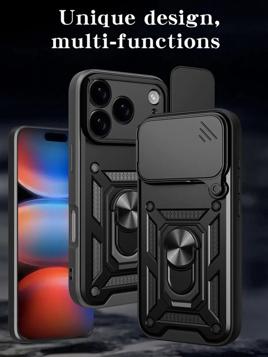 Zwarte hoes met schuifdeksel voor camera, ringstandaard en uniek design, met iPhone 17 Pro Max.