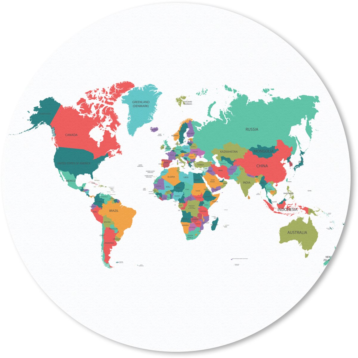 Muismat rond 30x30 cm - Mousepad Wereldkaart - Kleurrijk - Simpel - Ronde muismatten