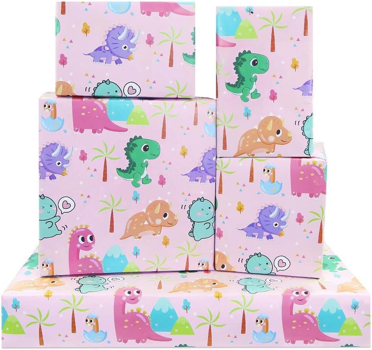 Roze Dinosaurus Jurassic Geschenkverpakking - Roze Baby Dinosaurus Ontwerp - Verjaardag Inpakpapier voor Meisjes en Jongens - 50x70cm - 4 Vellen