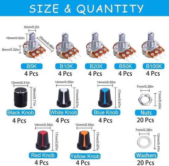 Draaipotentiometer Lineaire potentiometer B5K B10K B20K B50K B100K Ohm ...
