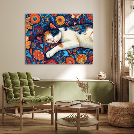 Poster 120x90 cm - Kat - Bloemenpatroon - Blauw - Oranje - Posters - Kamer decoratie - Wanddecoratie woonkamer - Muurdecoratie slaapkamer