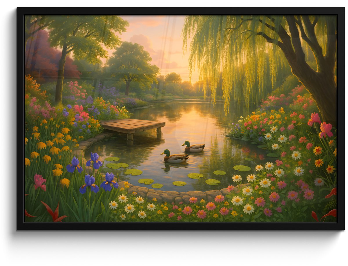 FrameYourWall Poster in lijst - Fotolijst 90x60 cm - Posters - Eenden - Vijver - Bloemen - Posterlijst zwart - Decoratie - Wanddecoratie woonkamer - Muurdecoratie slaapkamer