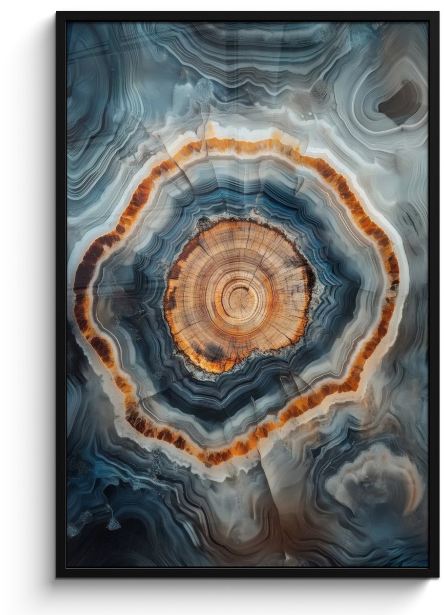 FrameYourWall Poster in lijst - Fotolijst 80x120 cm - Posters - Cirkel - Ringen - Steen - Tinten - Posterlijst zwart - Decoratie - Wanddecoratie woonkamer - Muurdecoratie slaapkamer