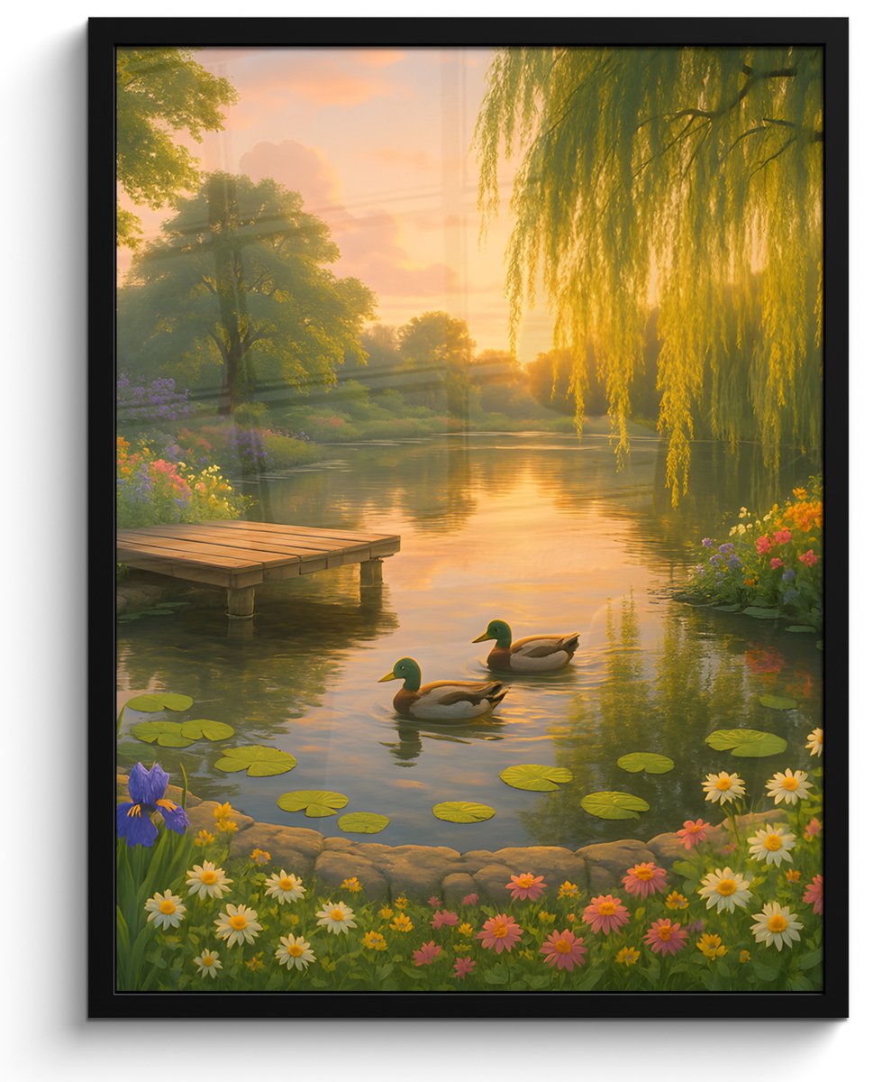FrameYourWall Poster in lijst - Fotolijst 60x80 cm - Posters - Eenden - Vijver - Bloemen - Posterlijst zwart - Decoratie - Wanddecoratie woonkamer - Muurdecoratie slaapkamer