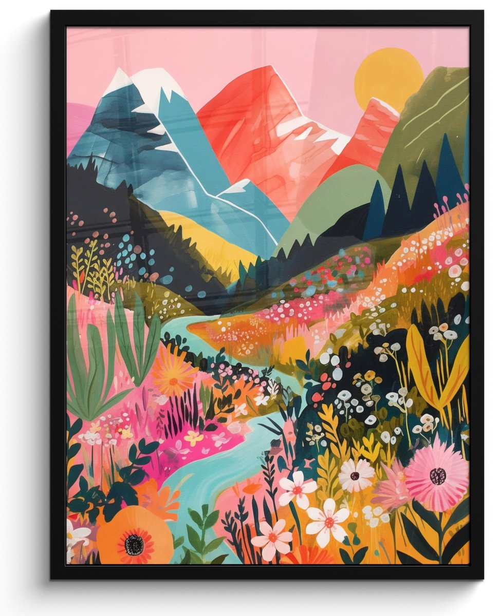 FrameYourWall Poster in lijst - Fotolijst 60x80 cm - Posters - Rivier - Diepte - Bloemen - Posterlijst zwart - Decoratie - Wanddecoratie woonkamer - Muurdecoratie slaapkamer Rivier - Bergen - Kleurrijk