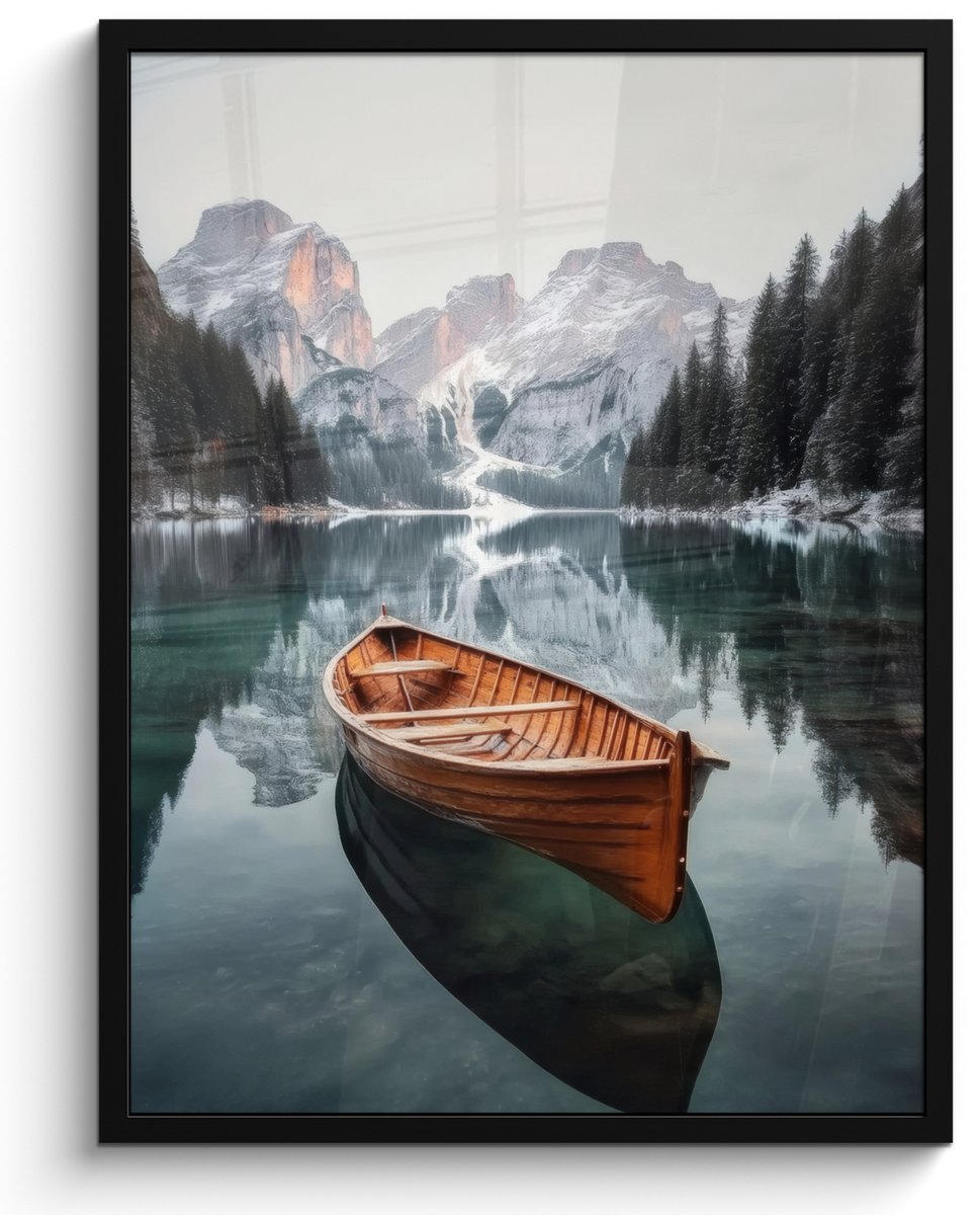 FrameYourWall Poster in lijst - Fotolijst 60x80 cm - Posters - Boot - Bergen - Natuur - Water - Posterlijst zwart - Decoratie - Wanddecoratie woonkamer - Muurdecoratie slaapkamer