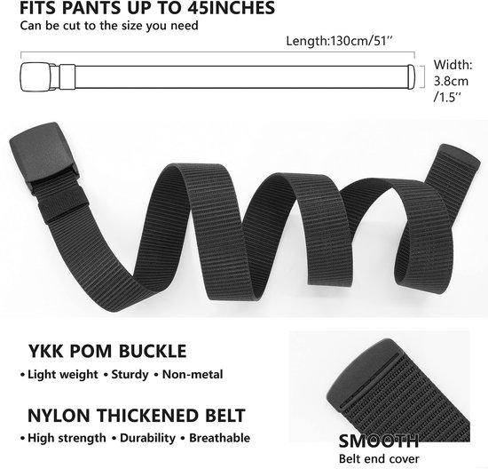 oeeo 2 stuks nylon riem, werkriem voor heren, automatische riem met ratelgesp, zonder gaten verstelbaar zakelijke werkriem, past overal, zwart, 130 cm