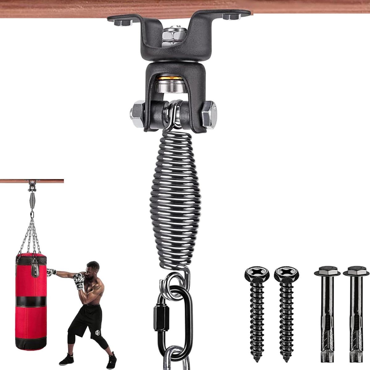 Allecto plus - Heavy Duty Bokszakketting voor thuisgebruik | Maximale belasting 800 lbs | 360° rotatie | Inclusief houten balkhouder, karabijnhaken en schroeven