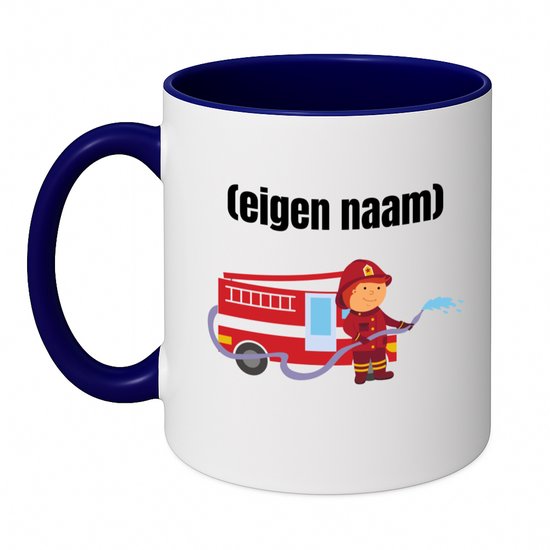 Hacebo® - Brandweerman met brandweerwagen koffiebeker donker blauw - iemand die werkt bij de brandweer - thee mok - koffie beker - met eigen naam - leuk cadeau voor iemand die bij de brandweer werkt - cadeau - koffiemok - 350 ML inhoud