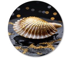 Schelp met gouden accenten - Schelp muurcirkels - Rond kunstwerk natuur - Hyperrealisme - Wandobject Forex rond - Woondecoratie - muurcirkel forex 60x60 cm