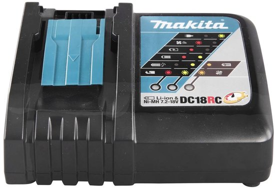 Zwarte Makita DC18RC lader met turquoise laadstation en LED-indicatoren.
