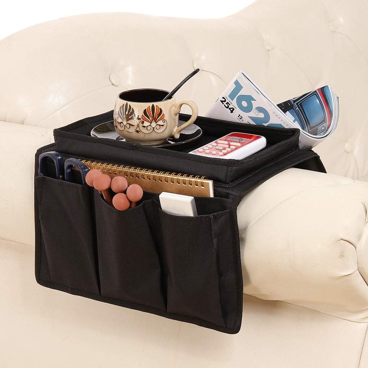 Sofa armsteun organizer met bekerhouder - fauteuil / Nachtkastje (opbergruimte met afstandsbediening / telefoon / boeken) - Zwart