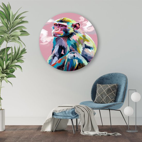 Kleurrijke apen portret - Aap rond schilderij - Wandbord dieren - Pop Art - Forex decoratie rond - Wandkunst - muurcirkel forex 100x100 cm