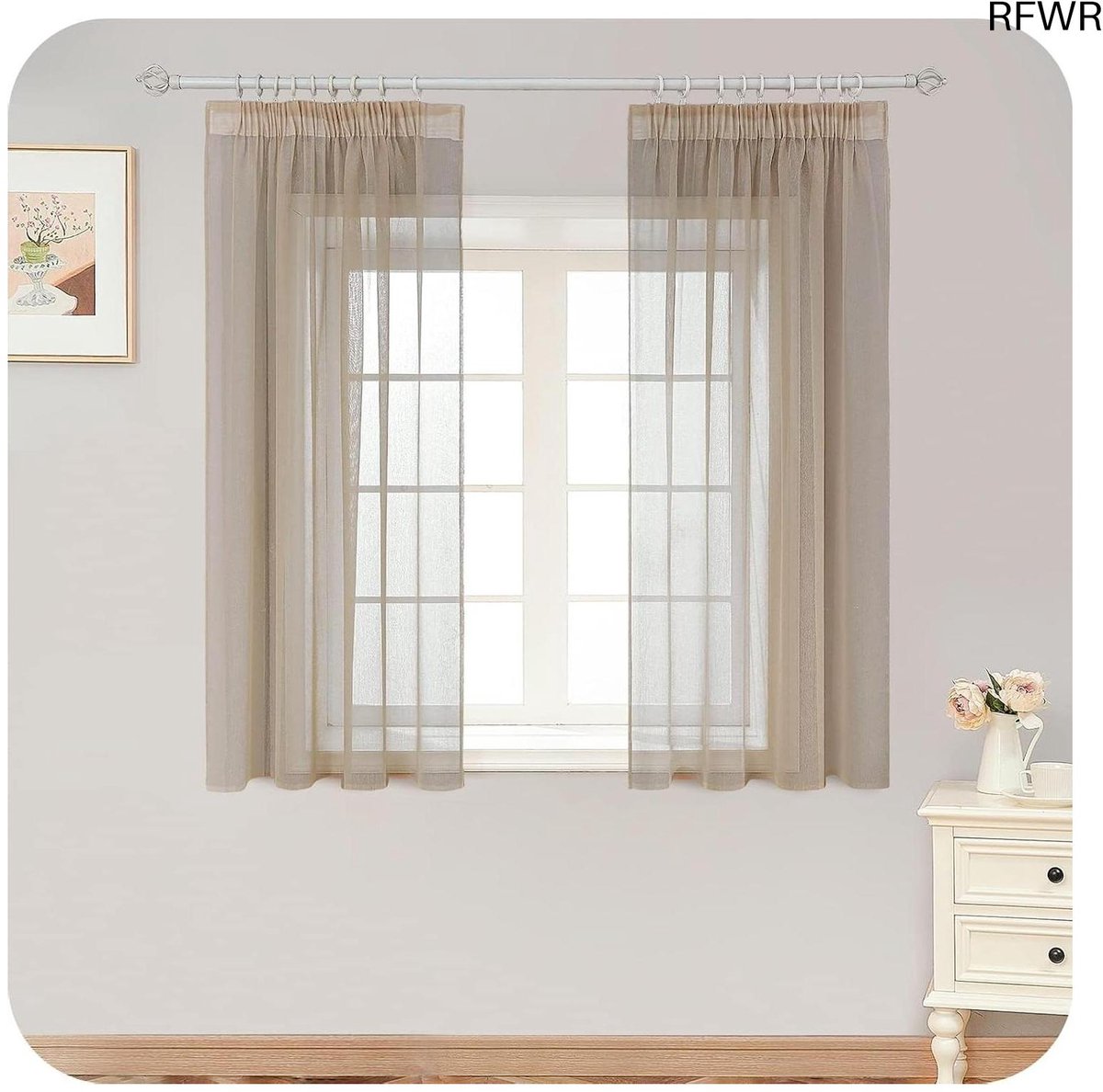 RFWR Beige Gordijnen met Grijsband - 120 x 140 cm - Boho en Modern - Set van 2 - Transparant voor Slaapkamer en Keuken