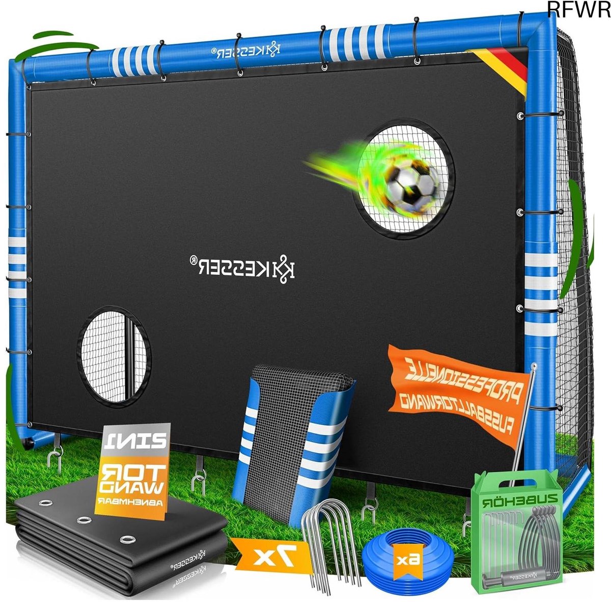 RFWR® Hoogwaardig Voetbaldoel van 300 cm met Doelwand en Montageaccessoires – UV-bestendig en Robuust Stalen Frame voor Kinderen