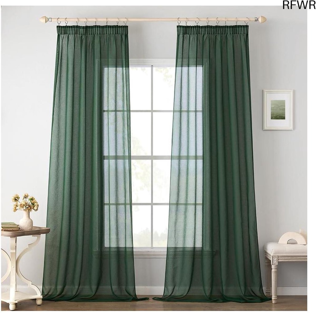 RFWR® Transparante Voilegordijnen Set van 2 - Donkergroen 140 x 215 cm - Luchtige en Decoratieve Polyester Gordijnen voor Slaapkamer en Woonkamer