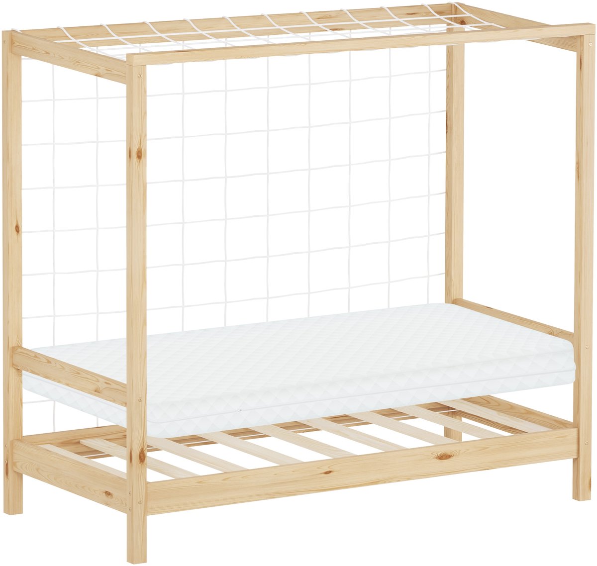 ml-design voetbal- en handbalpoort huisbed kinderbed 70x140 cm inclusief matras massief grenenhout naturel met lattenbodem net en voetbaldoel valbeveiliging dakconstructie vloerbed juniorbed jeugdbed voor jongens en meisjes Beige