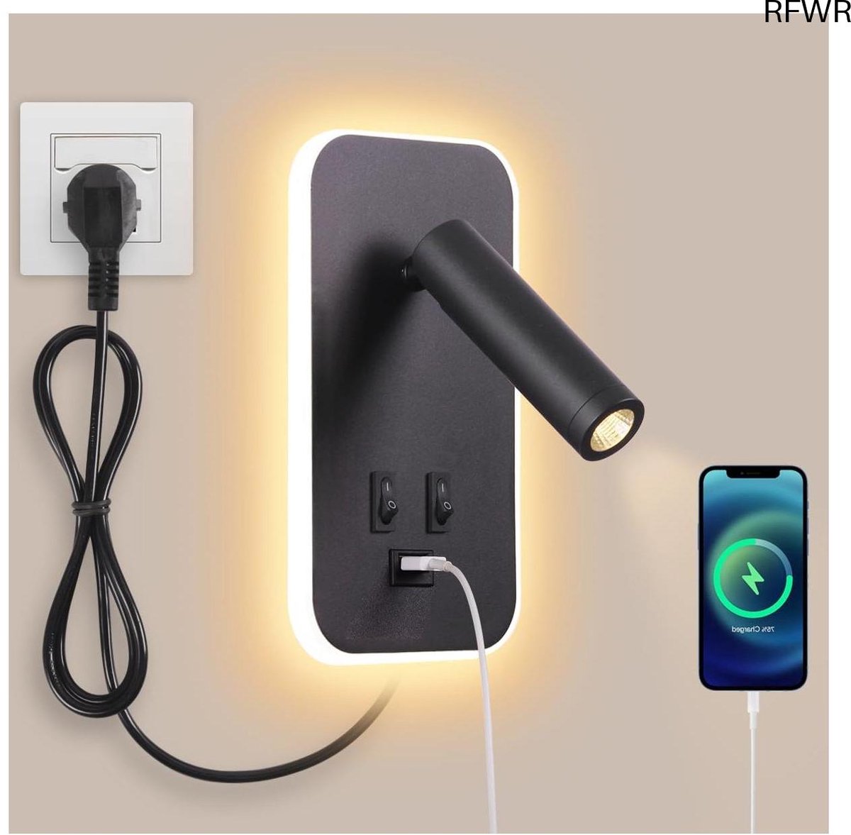 RFWR® Moderne LED Wandlamp met Schakelaar en USB Oplader - 3W en 9W Leeslampje en Bedlampje