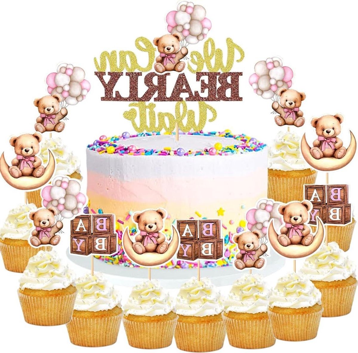 Allecto Plus - Bear Cake Decoration Set - Taartdecoratie - DIY Taartballen voor Baby Jongens Meisjes - Verjaardagsfeest - Baby Shower - 13 Stuks