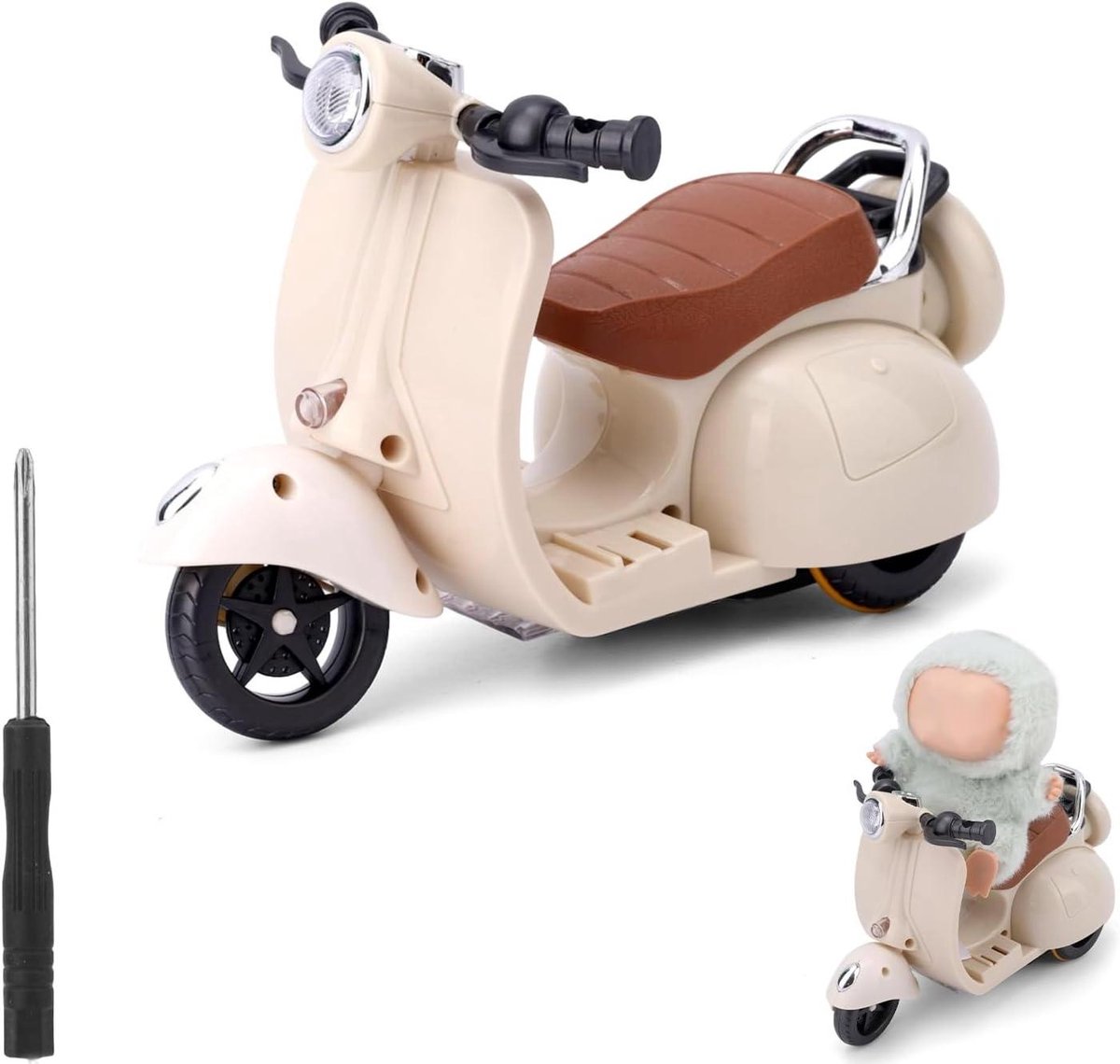 Allecto Plus - Elektrische Poppenscooter met Licht en Muziek - Schattige Poppenmotor Decoratie - Interactief Roterend Speelgoed voor Bureaudecoratie met Pluche - 360° Draaibaar