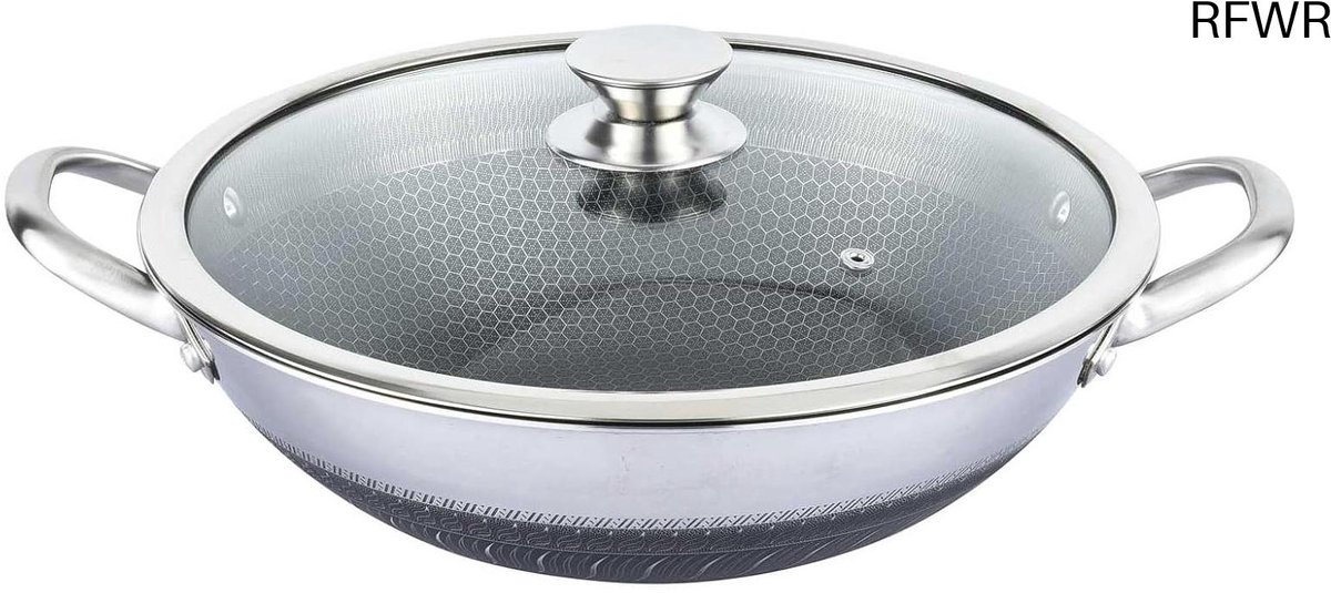 RFWR® Wok braadpan 32 cm met antiaanbaklaag en glazen deksel - Geschikt voor inductie en oven