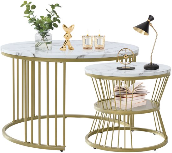 2 tables basses rondes, 70x45cm, 45x45cm, table avec plateau blanc et support de pied noir, table basse ronde intégrée dans le côté du canapé (plateau blanc + pied doré)