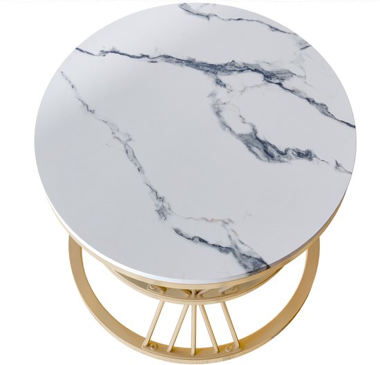 2 tables basses rondes, 70x45cm, 45x45cm, table avec plateau blanc et support de pied noir, table basse ronde intégrée dans le côté du canapé (plateau blanc + pied doré)
