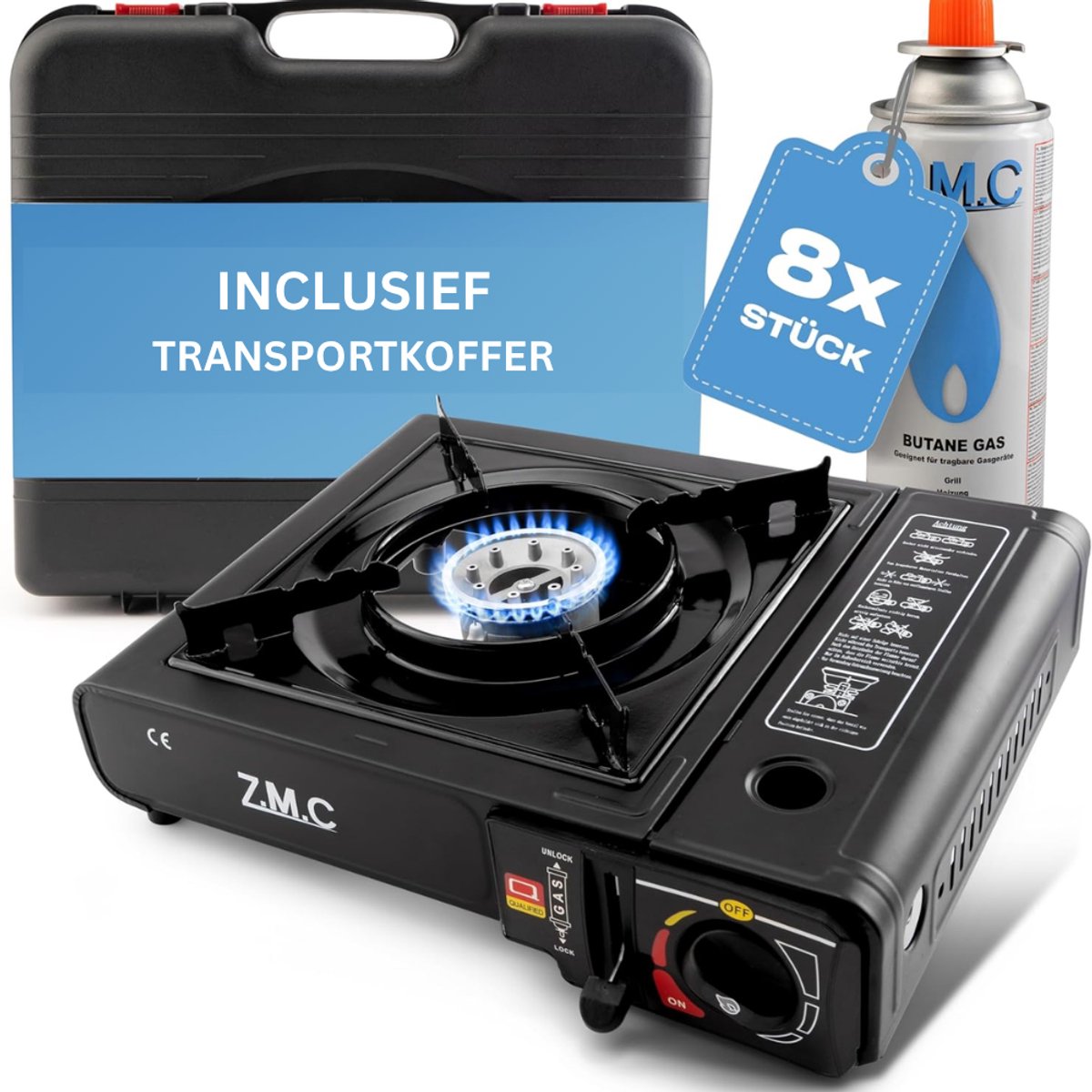 Z.M.C gasfornuis met 1 pit incl. adapter voor LPG + opbergkoffer Campingfornuis set met gaspatronen 227 g en grillplaat naar keuze, voor buiten en binnen, campinggasfornuis met piëzo-ontsteking