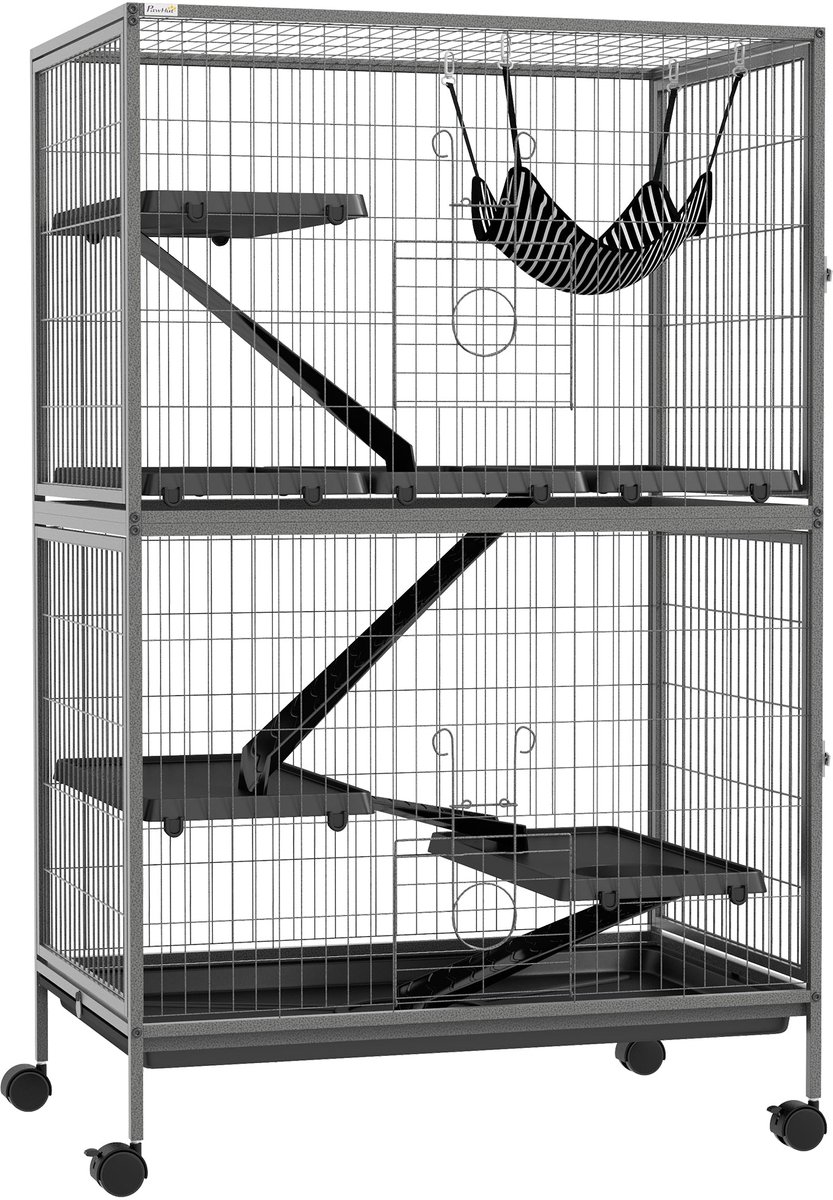 Merax Grote Knaagdierkooi met Wielen – 4 Plateaus 3 Ramps 4 Deuren – Kooi Voor Ratten Fretten Chinchilla’s – 80 x 52 x 128 cm – Metaal Grijs Zwart