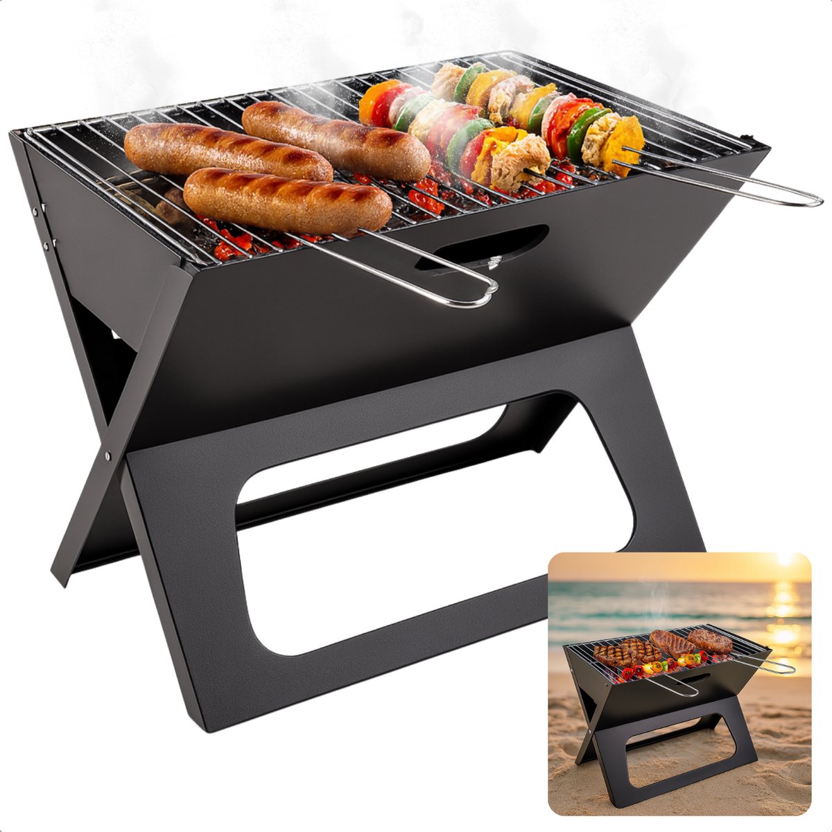 Cheqo® Draagbare Houtskool Barbecue – Opvouwbare BBQ Grill – Tafelbarbecue voor Buiten – Inklapbare Camping BBQ – Compacte Zwart Design Tuinbarbecue – Lichtgewicht Outdoor Grill met Vuurschaal & Handvaten